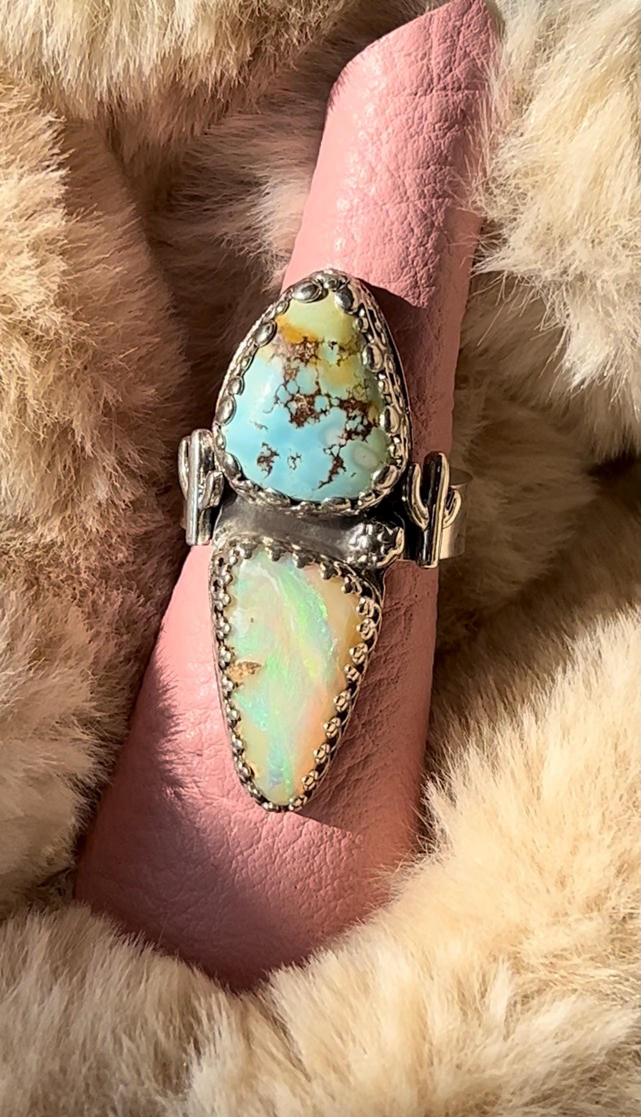 Double Stone Turquoise and Opal Ring Saguaro Cactus Accents Hand-Stamped Band