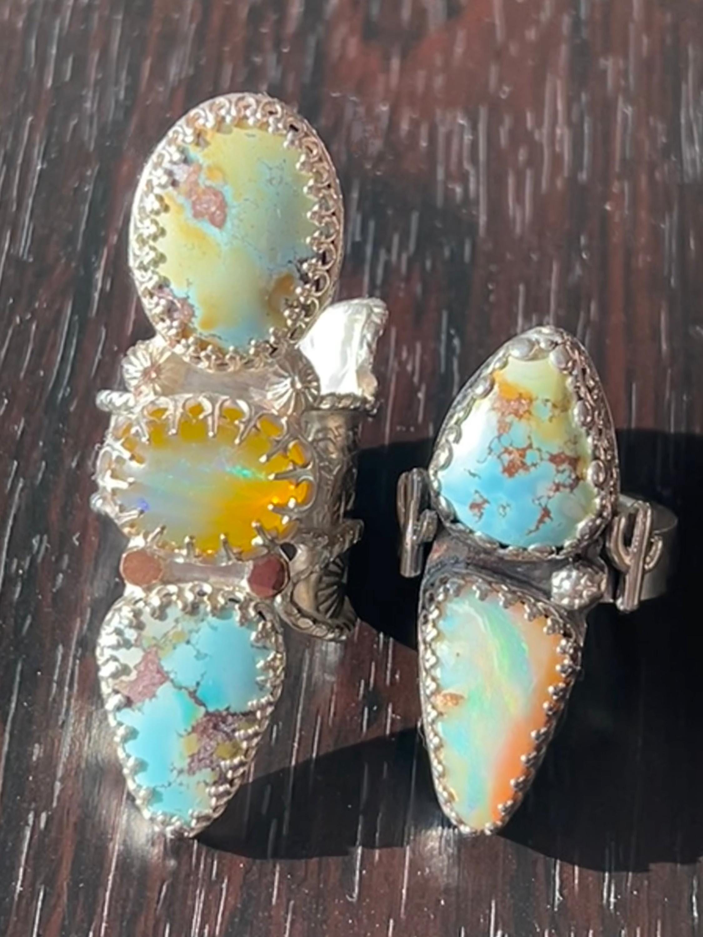 Double Stone Turquoise and Opal Ring Saguaro Cactus Accents Hand-Stamped Band
