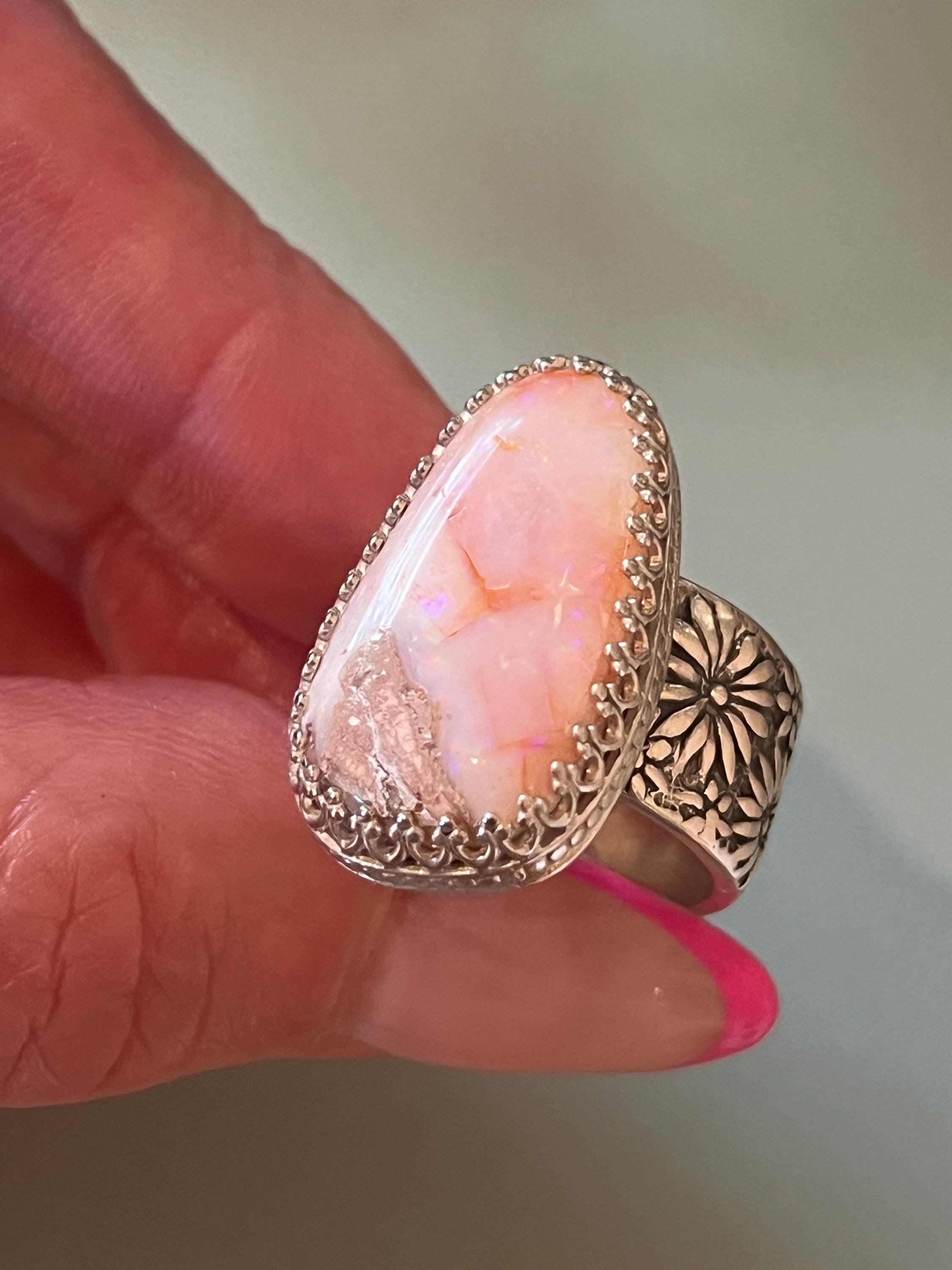 Pink Opal Ring Sterling Silver Wide Floral Daisy Band