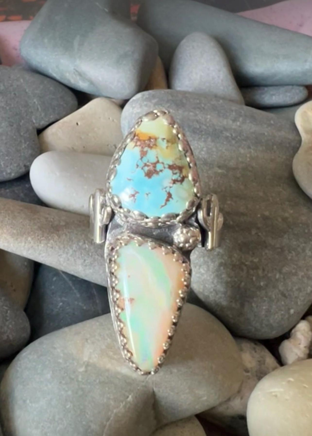 Double Stone Turquoise and Opal Ring Saguaro Cactus Accents Hand-Stamped Band