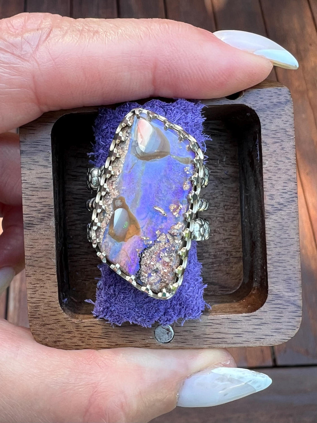 Purple Australian Opal Ring Sterling and Fine Silver Triple Band