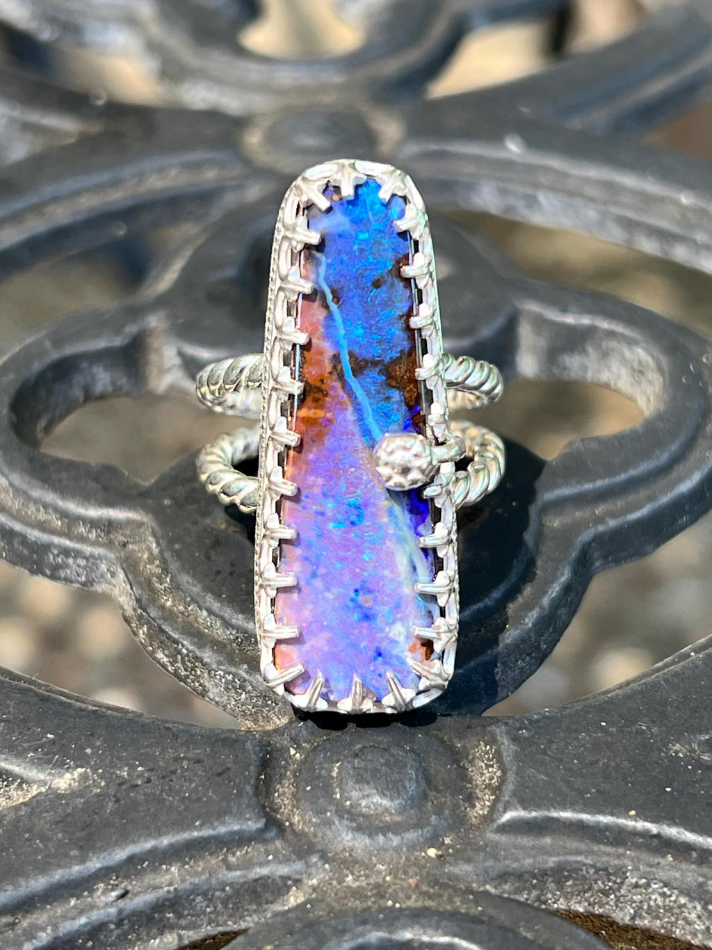 Purple Boulder Opal Ring Sterling & Fine Silver Solid Australian Opal Size 7.25