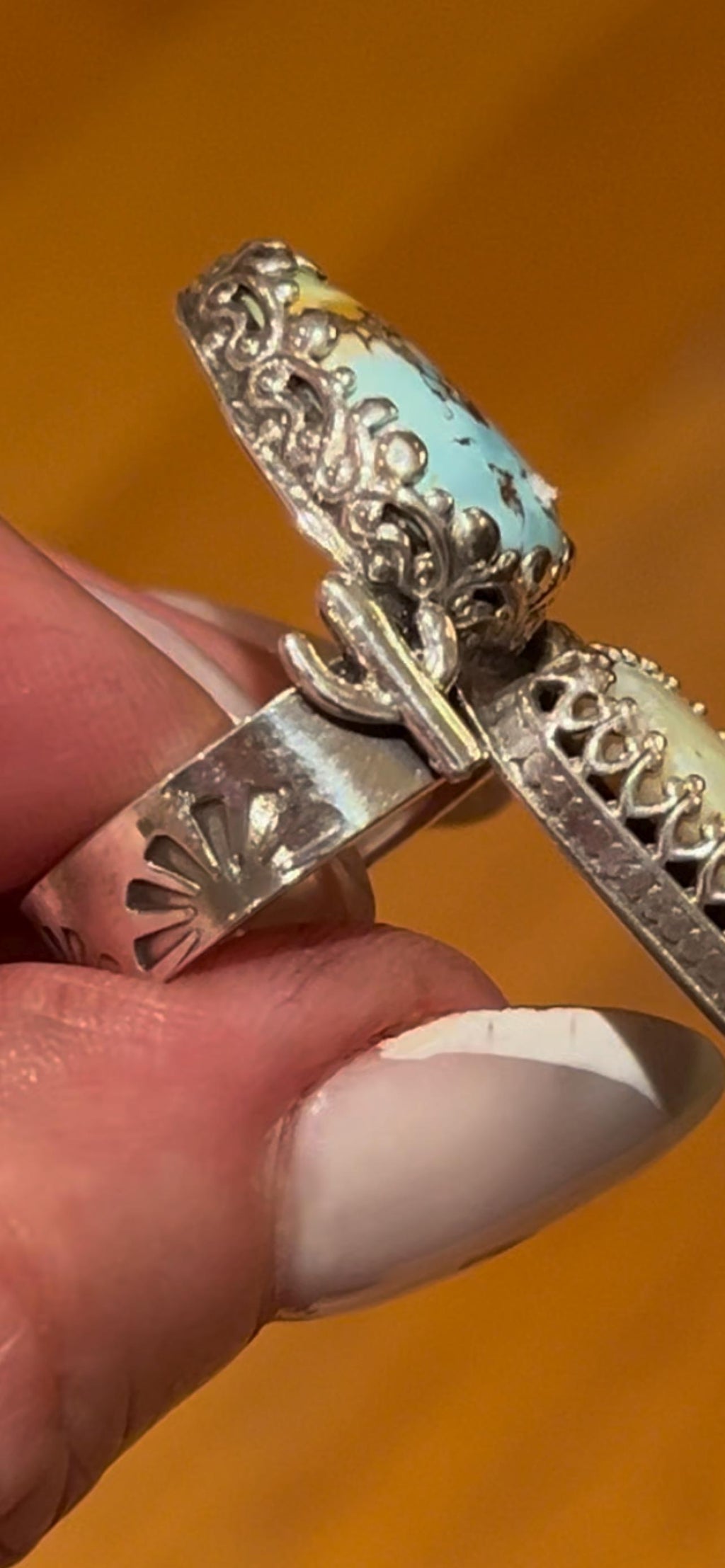 Double Stone Turquoise and Opal Ring Saguaro Cactus Accents Hand-Stamped Band