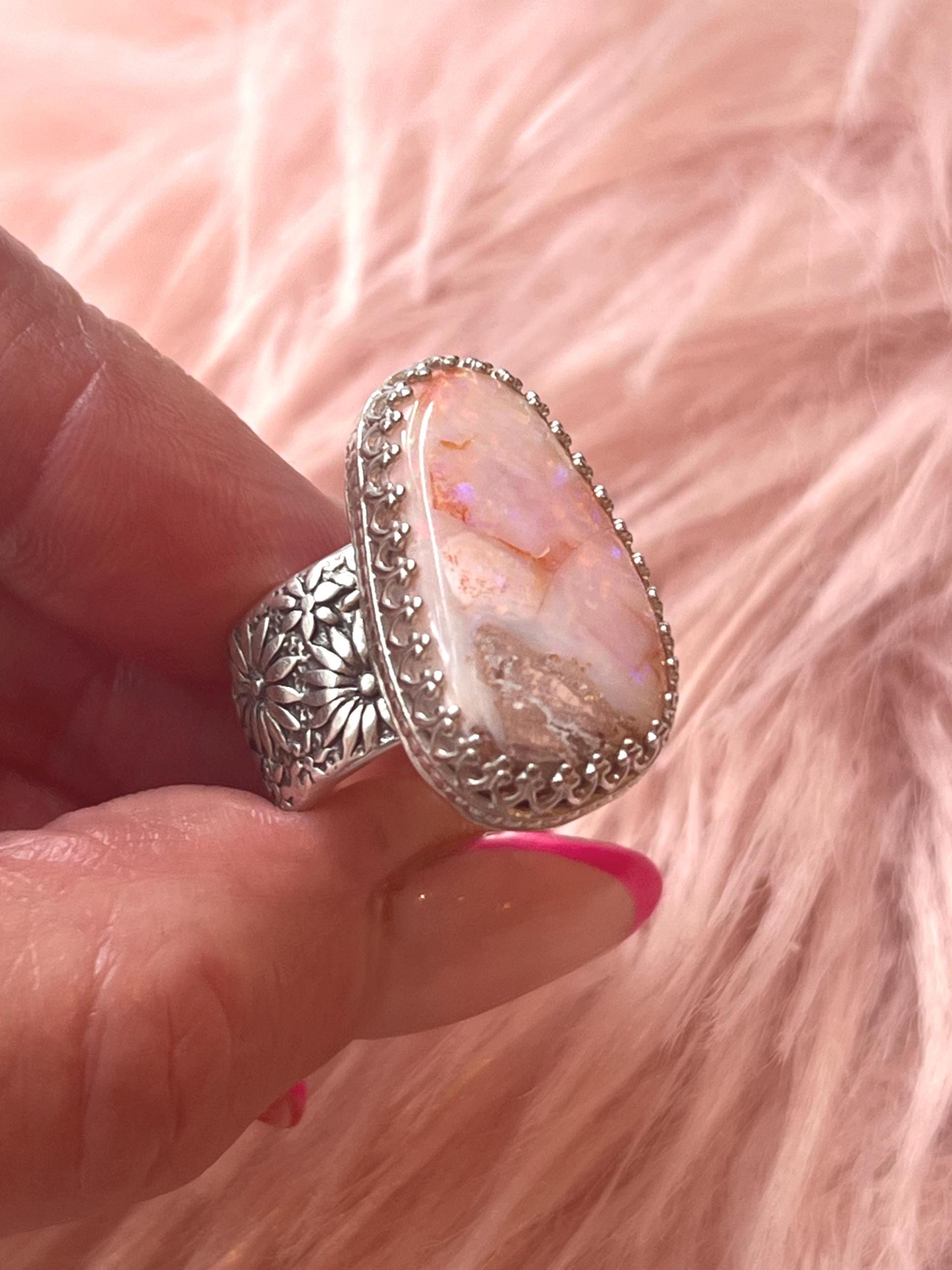 Pink Opal Ring Sterling Silver Wide Floral Daisy Band