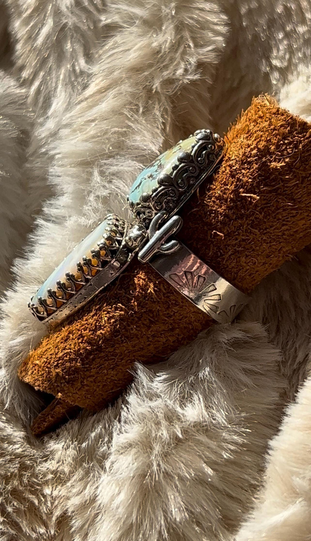 Double Stone Turquoise and Opal Ring Saguaro Cactus Accents Hand-Stamped Band