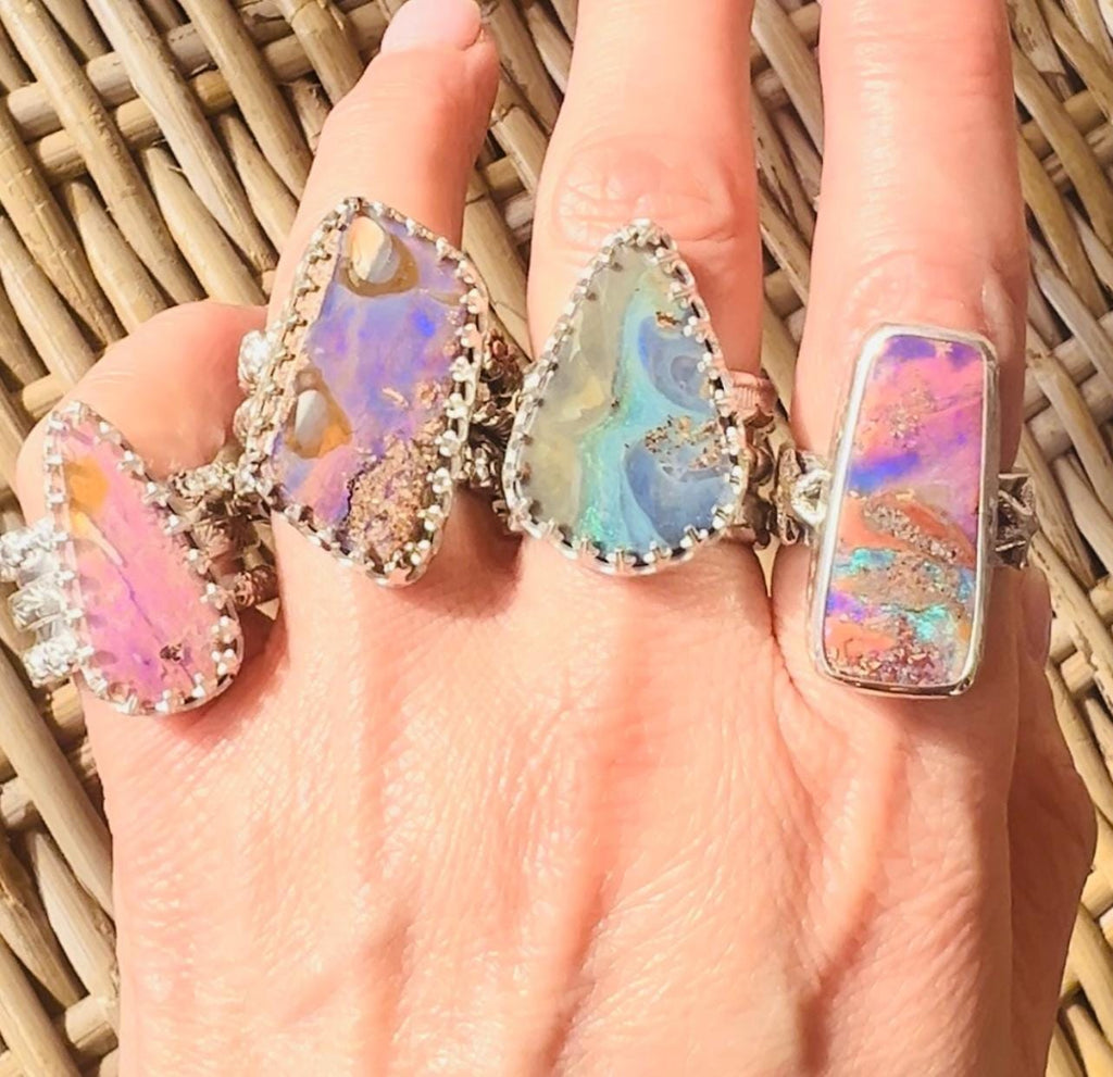 Purple Australian Opal Ring Sterling and Fine Silver Triple Band