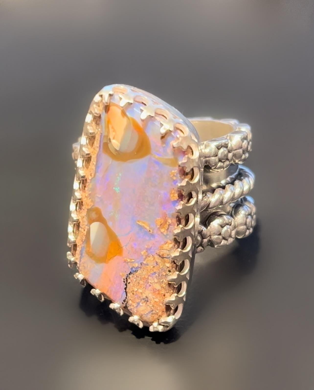 Purple Australian Opal Ring Sterling and Fine Silver Triple Band