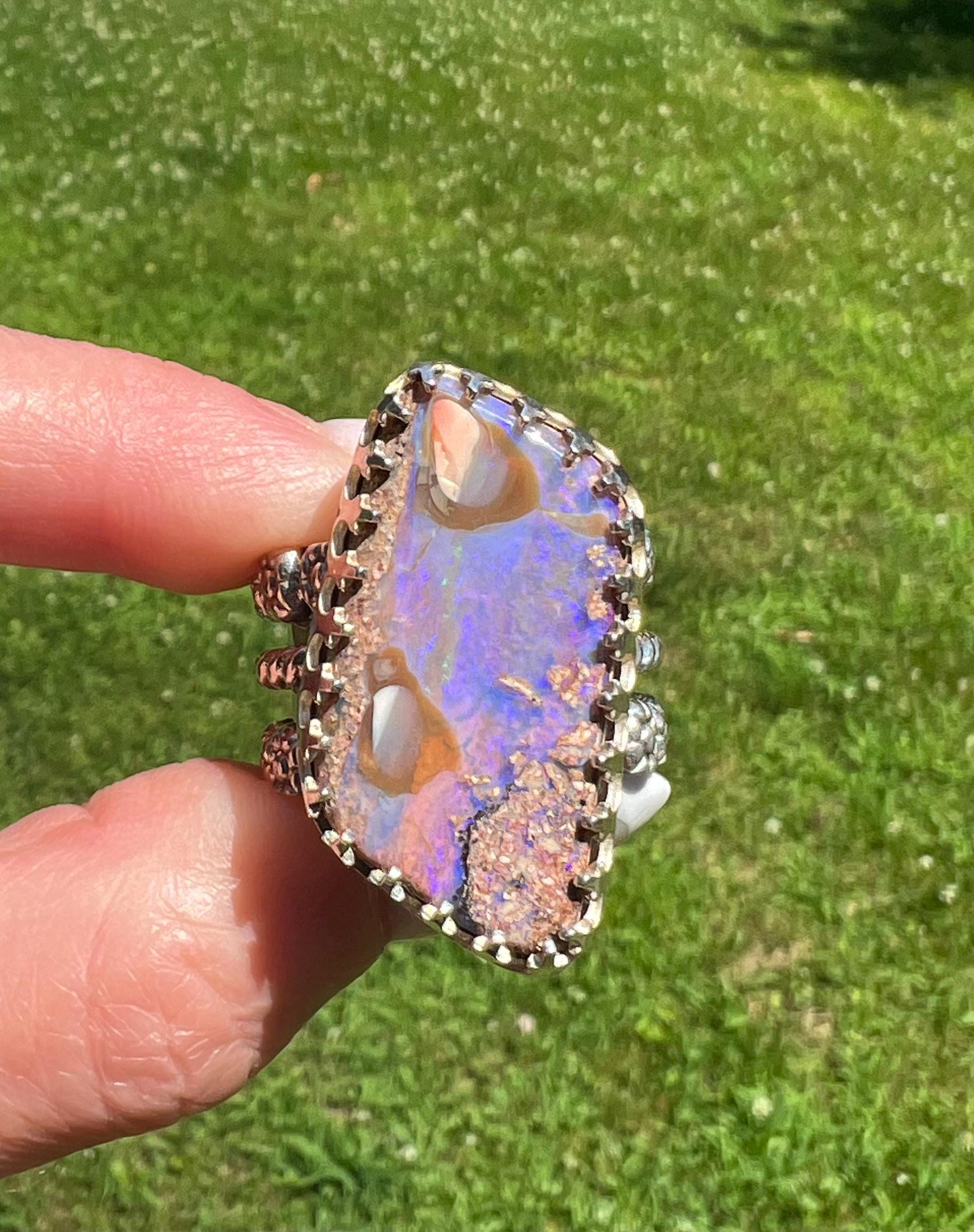 Purple Australian Opal Ring Sterling and Fine Silver Triple Band
