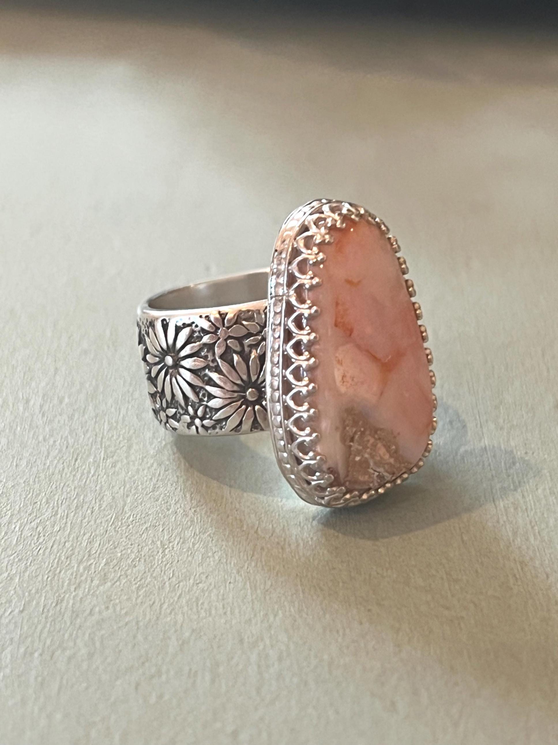 Pink Opal Ring Sterling Silver Wide Floral Daisy Band