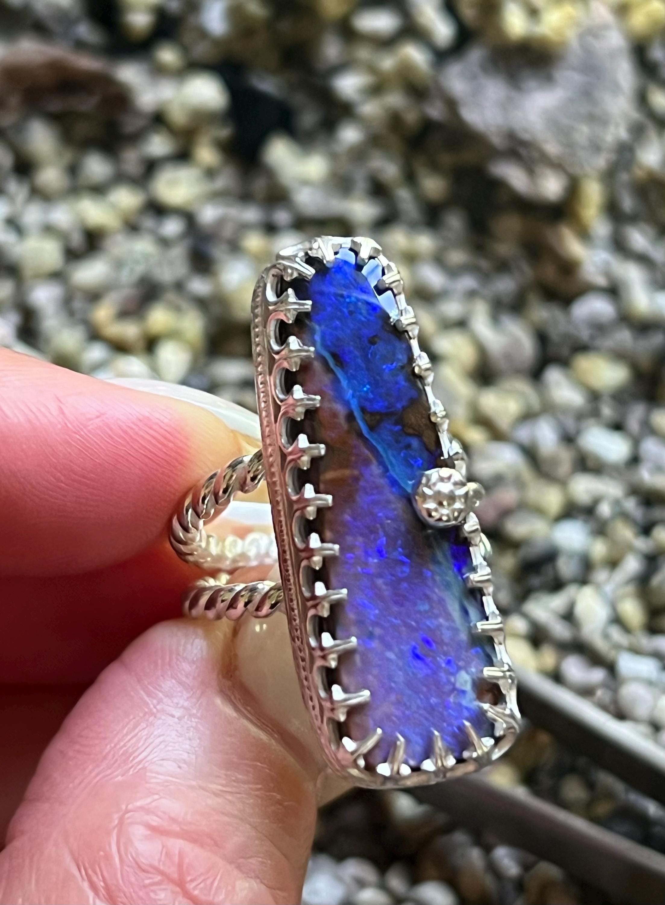 Purple Boulder Opal Ring Sterling & Fine Silver Solid Australian Opal Size 7.25