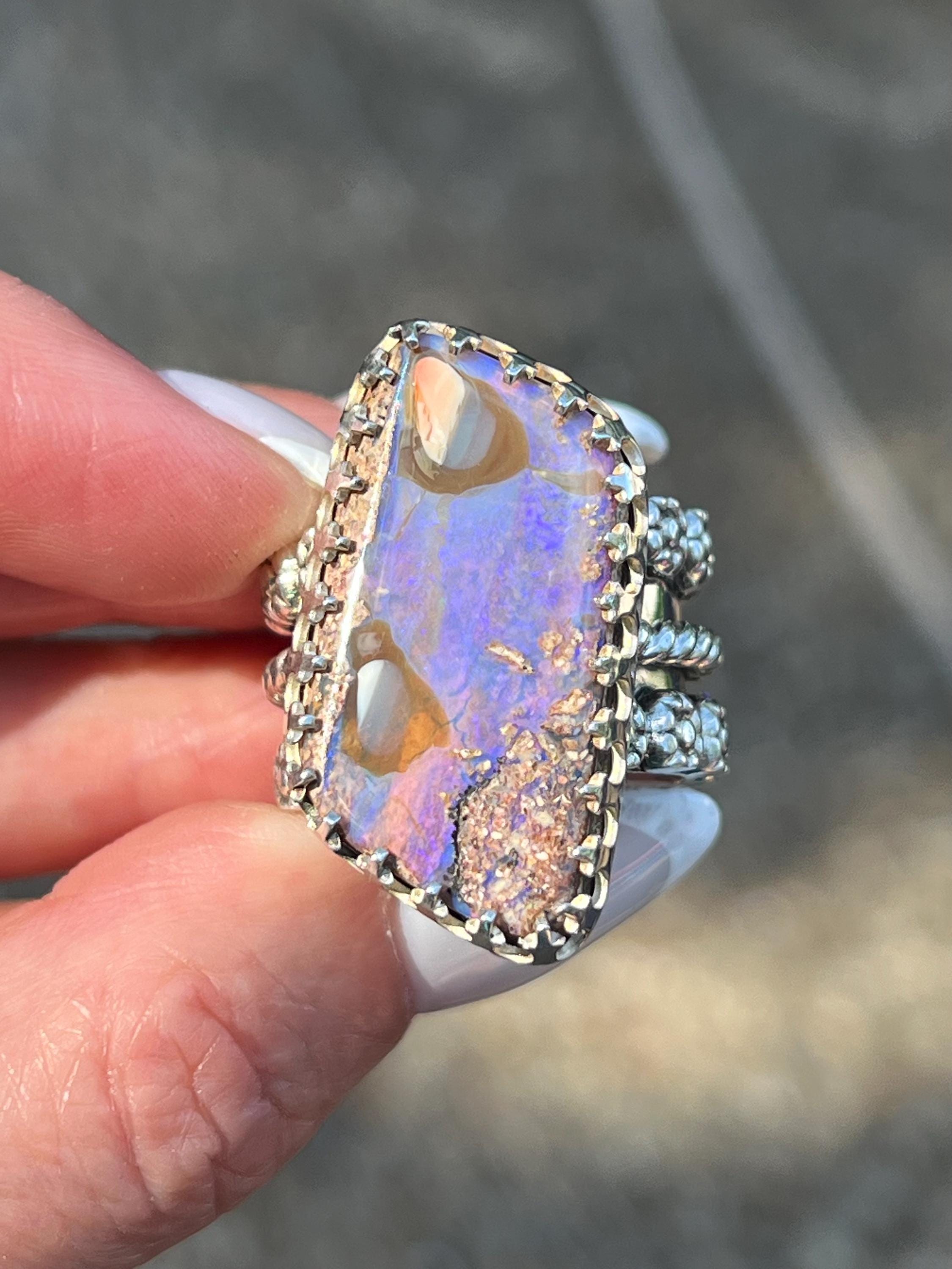 Purple Australian Opal Ring Sterling and Fine Silver Triple Band