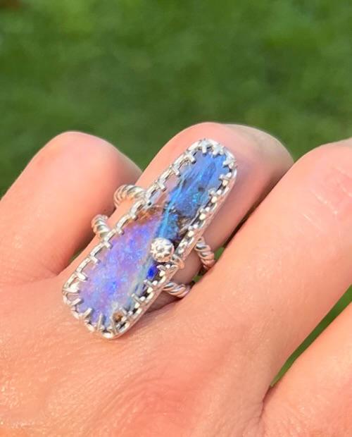 Purple Boulder Opal Ring Sterling & Fine Silver Solid Australian Opal Size 7.25