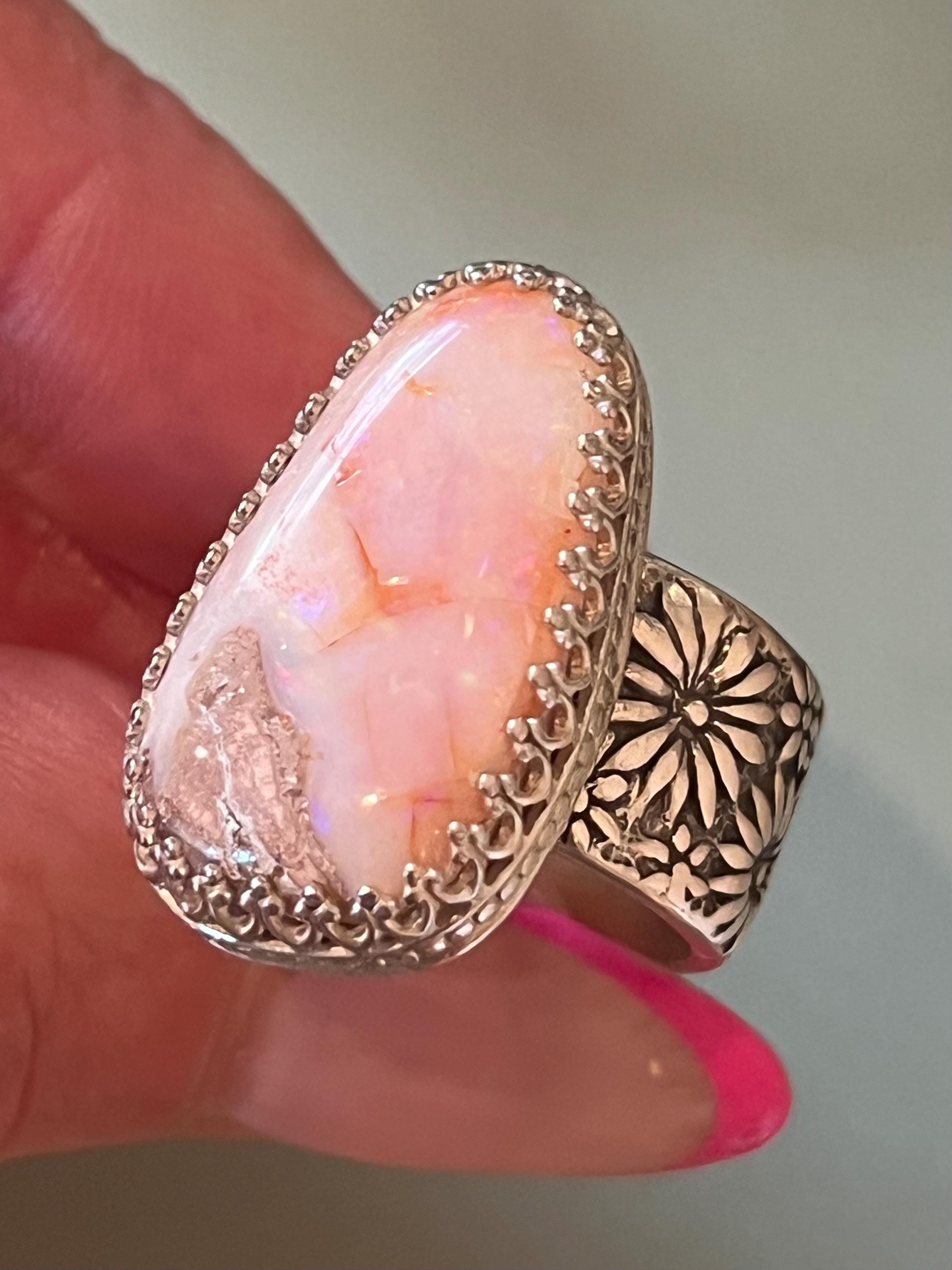 Pink Opal Ring Sterling Silver Wide Floral Daisy Band