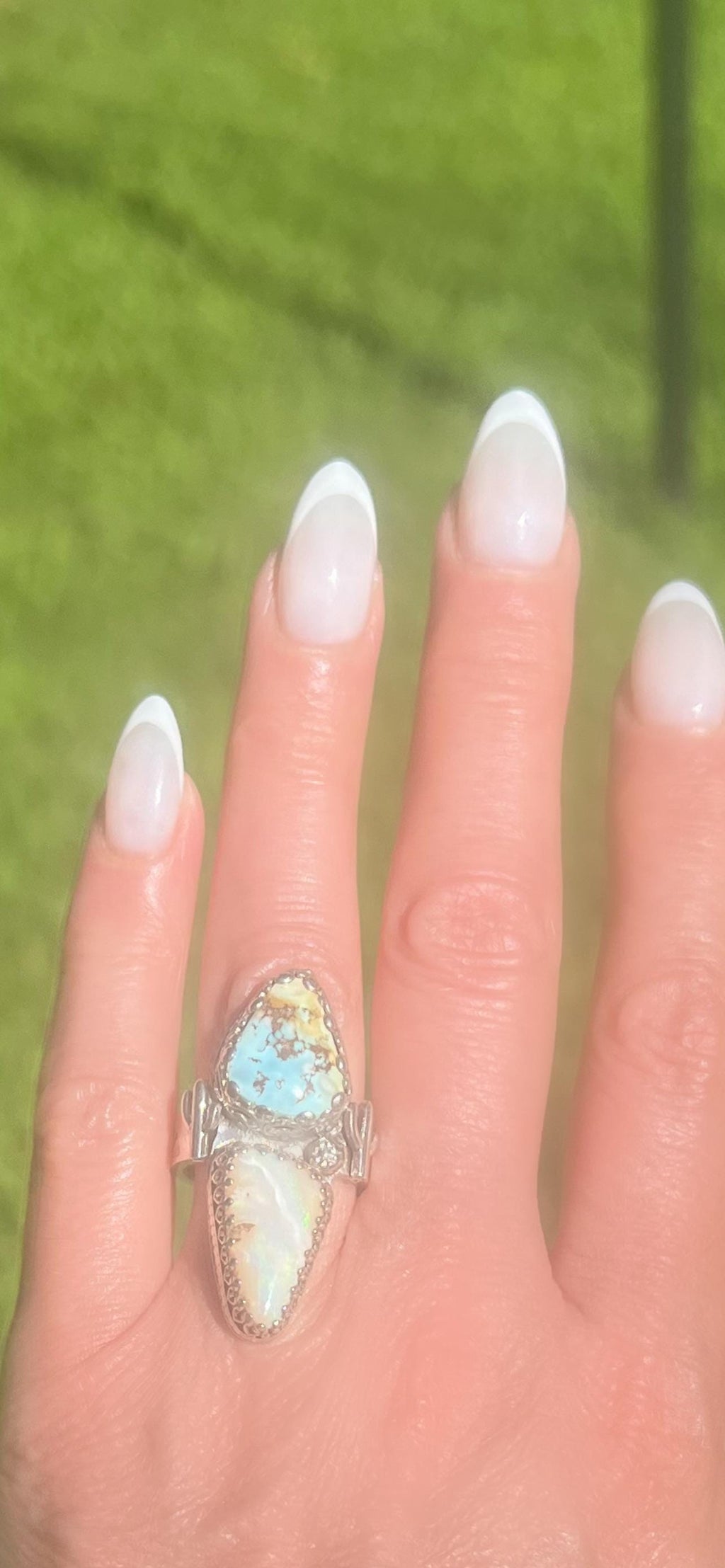 Double Stone Turquoise and Opal Ring Saguaro Cactus Accents Hand-Stamped Band