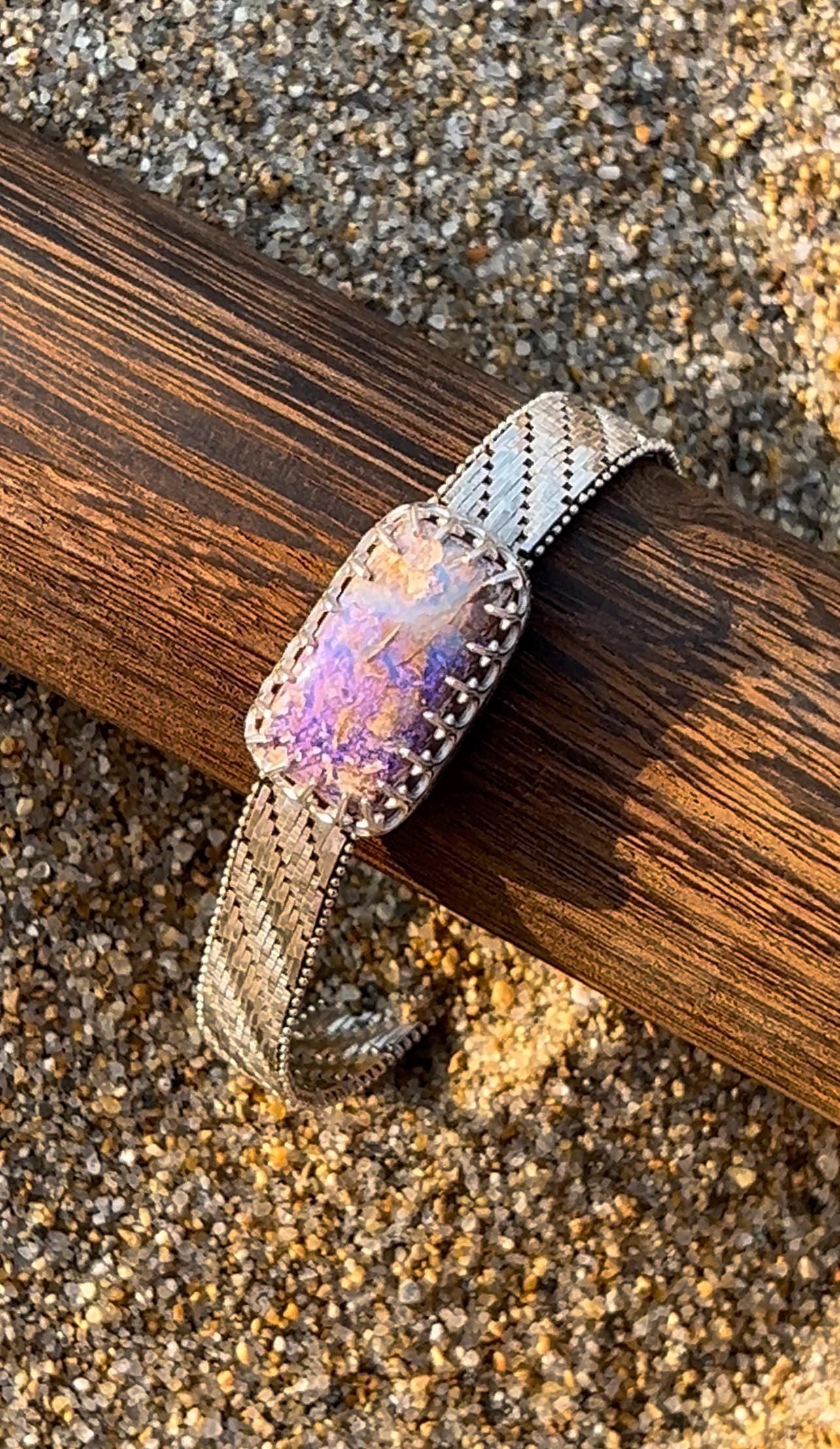 Purple Boulder Opal Bracelet Sterling and Fine Silver Solid Australian Boulder Opal