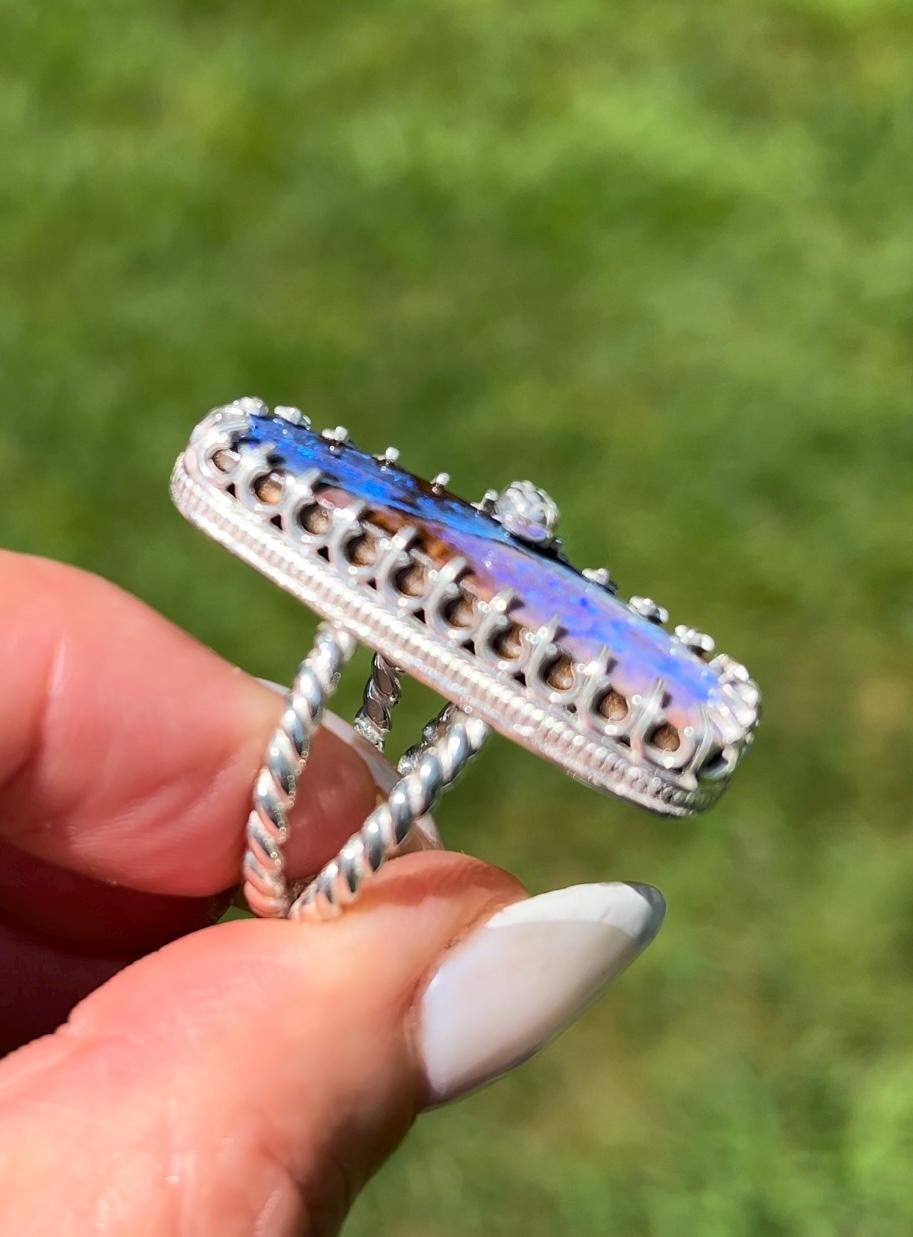 Purple Boulder Opal Ring Sterling & Fine Silver Solid Australian Opal Size 7.25