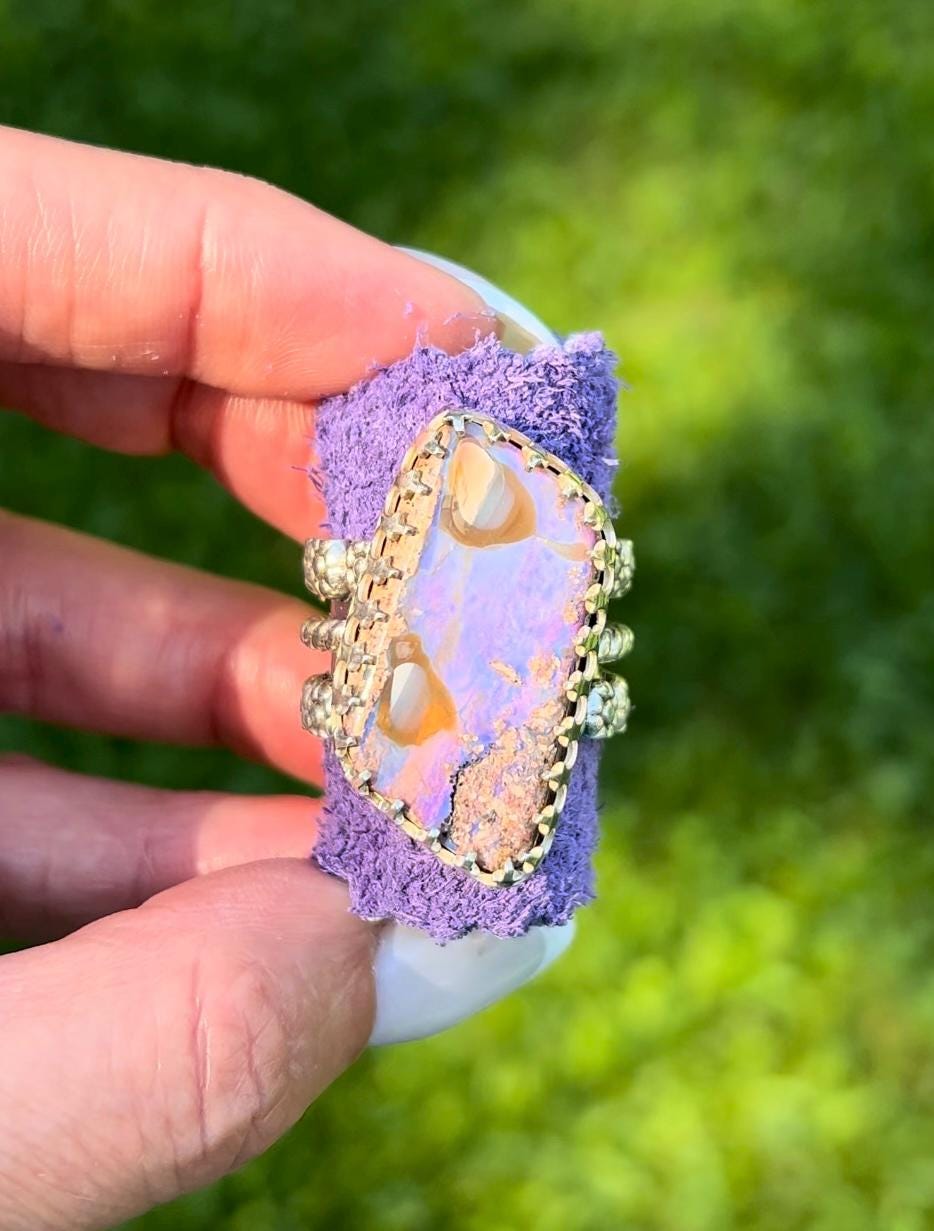 Purple Australian Opal Ring Sterling and Fine Silver Triple Band