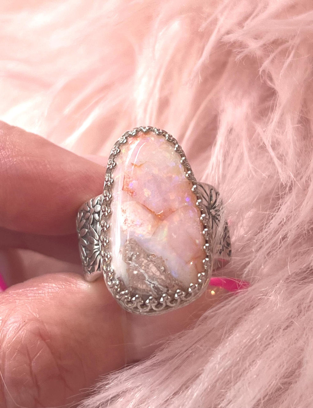 Pink Opal Ring Sterling Silver Wide Floral Daisy Band