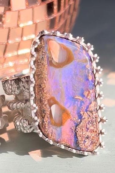 Purple Australian Opal Ring Sterling and Fine Silver Triple Band