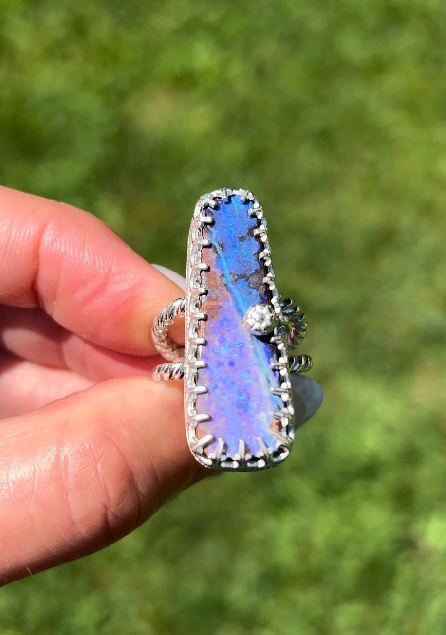 Purple Boulder Opal Ring Sterling & Fine Silver Solid Australian Opal Size 7.25
