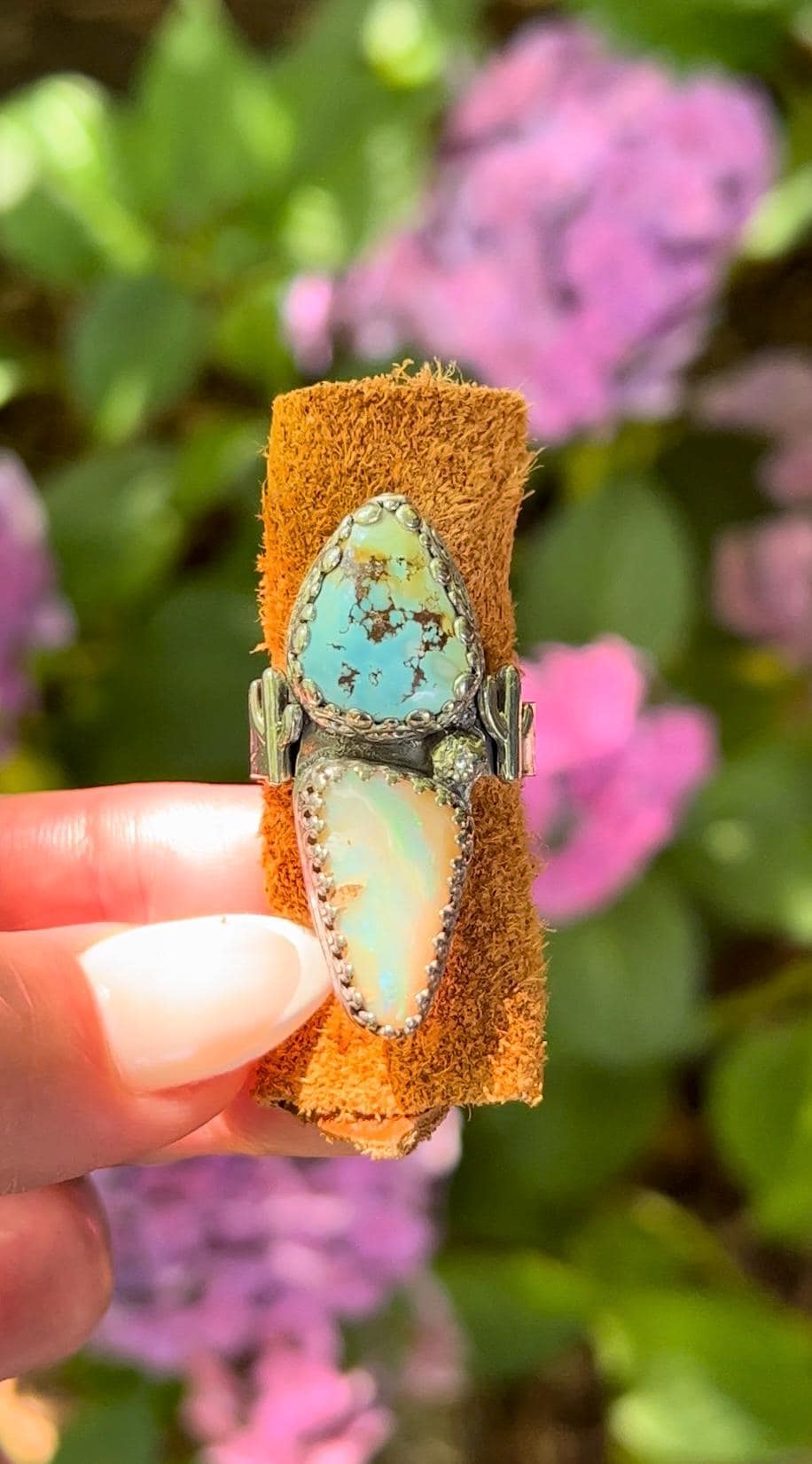 Double Stone Turquoise and Opal Ring Saguaro Cactus Accents Hand-Stamped Band
