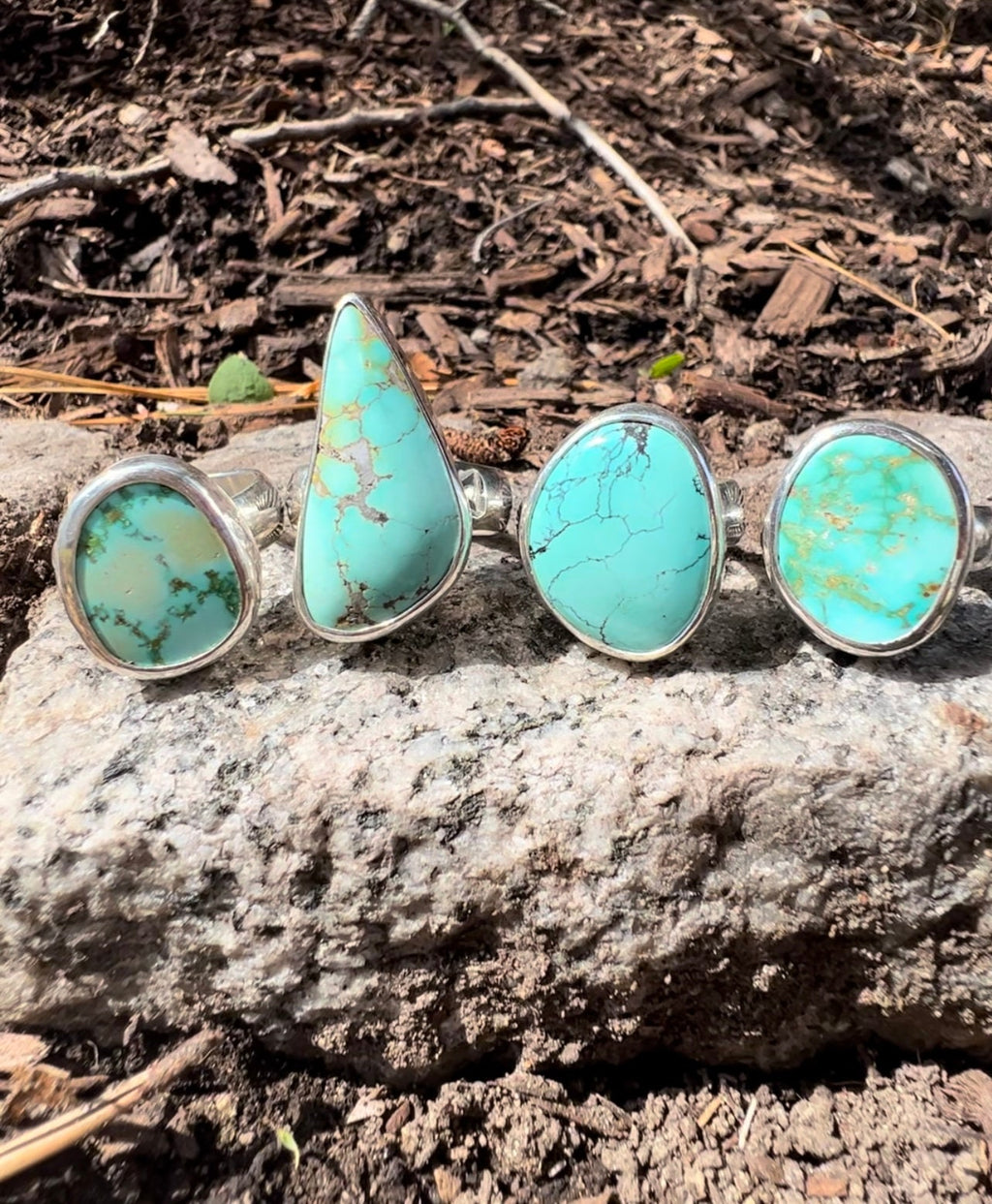 High Grade Turquoise Sterling Silver Rings/Beautiful Spring Blue-Green Turquoise Set On Chunky Hand-Stamped Southwest Style Bands