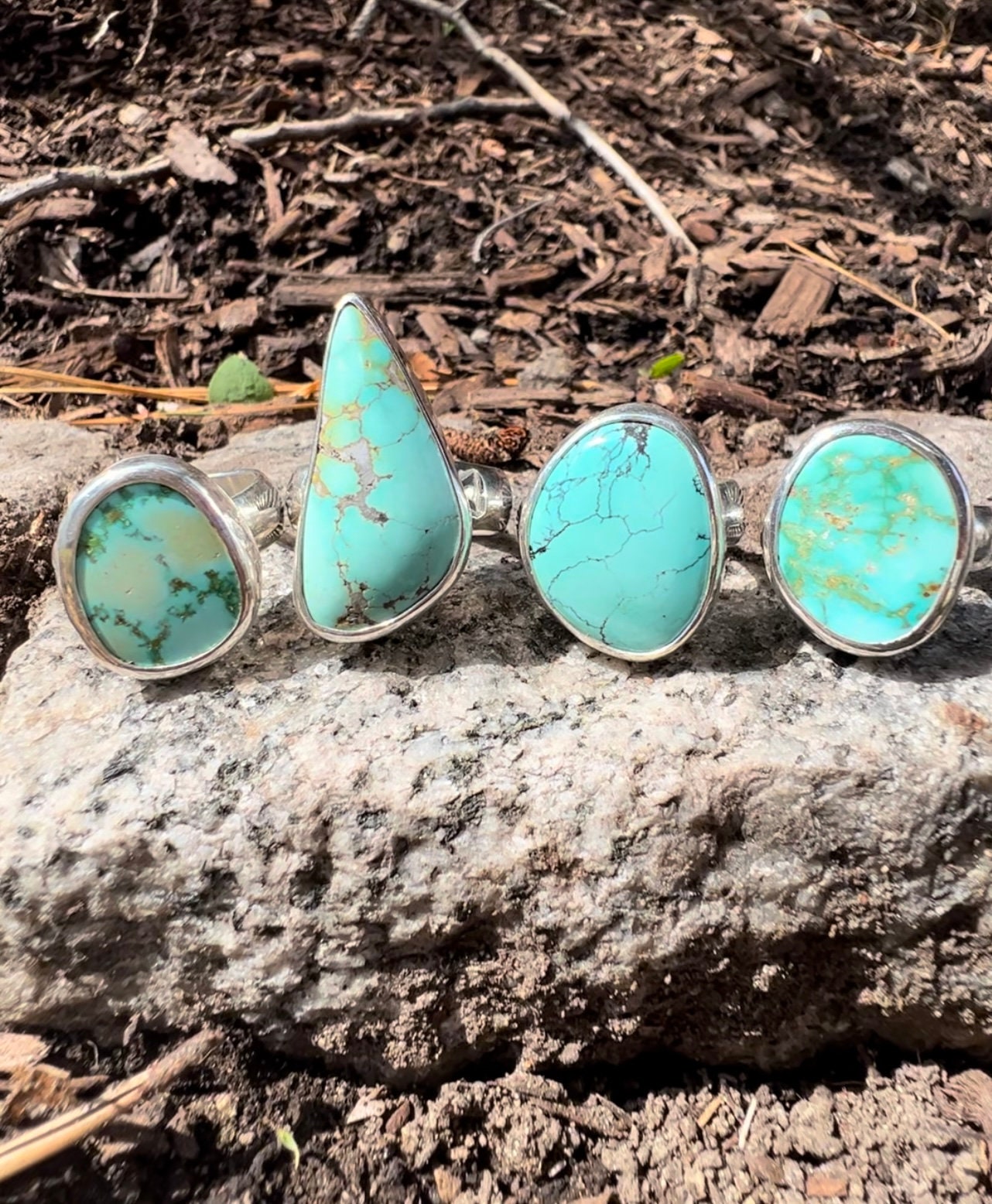 High Grade Turquoise Sterling Silver Rings/Beautiful Spring Blue-Green Turquoise Set On Chunky Hand-Stamped Southwest Style Bands
