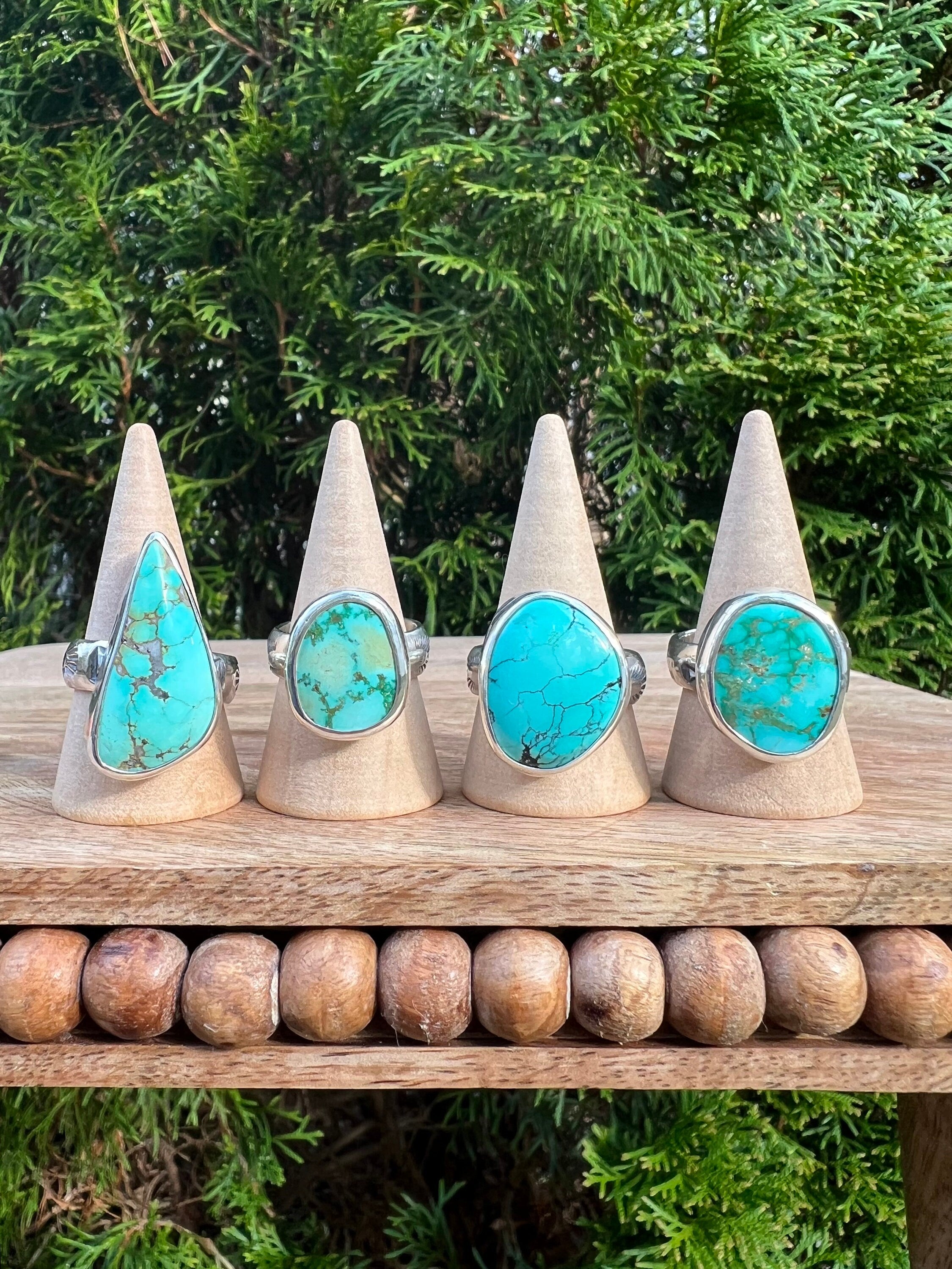 High Grade Turquoise Sterling Silver Rings/Beautiful Spring Blue-Green Turquoise Set On Chunky Hand-Stamped Southwest Style Bands