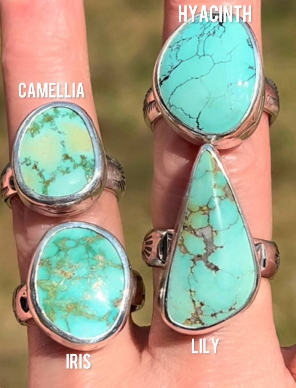 High Grade Turquoise Sterling Silver Rings/Beautiful Spring Blue-Green Turquoise Set On Chunky Hand-Stamped Southwest Style Bands