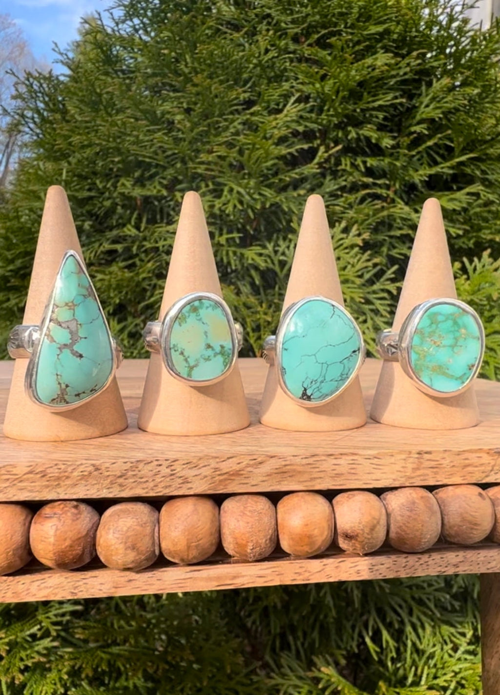 High Grade Turquoise Sterling Silver Rings/Beautiful Spring Blue-Green Turquoise Set On Chunky Hand-Stamped Southwest Style Bands